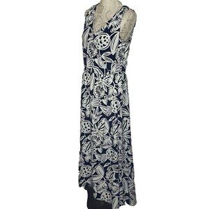 Talbots sz L Navy Blue White Floral print Knit Jersey Long Maxi Dress Faux Wrap
